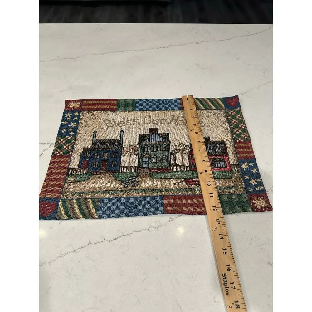 Americana Country Bless Our Home Woven Tapestry Placemats Set of 5 Folk Art USA